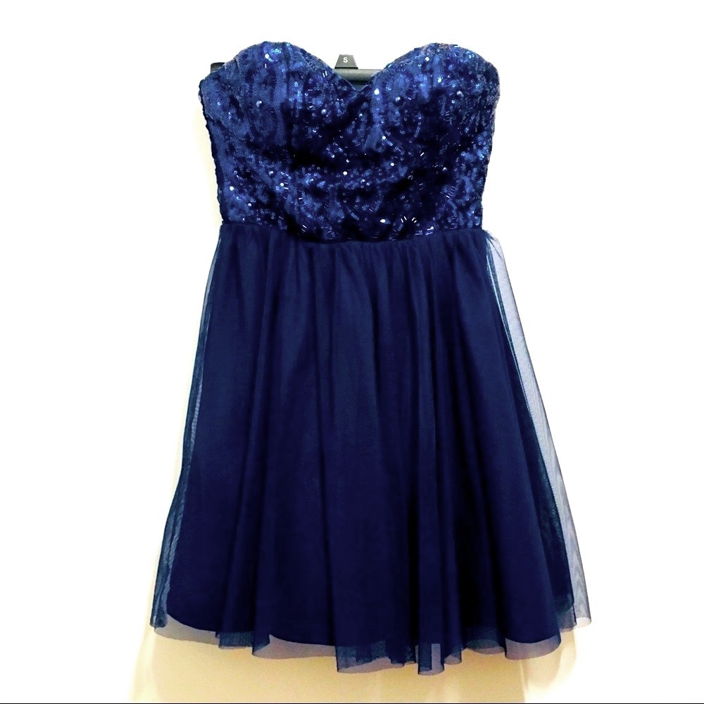 Love Reign Strapless Prom Metallic Sequin Navy Blue Bustier Tulle Corset Dress